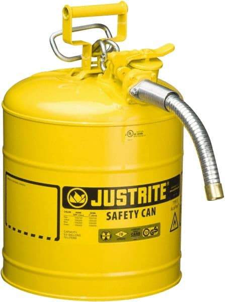 Justrite - 5 Gal Galvanized Steel Self-Closing, Self-Venting, Full-Length Flame Arrester - 16-7/8" High x 11-3/4" Diam, Yellow - Makers Industrial Supply