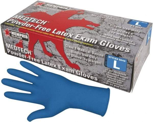 MCR Safety - Size L, 11 mil, Medical Grade, Powder Free Latex Disposable Gloves - 12" Long, Blue, Textured Rolled Cuffs, FDA Approved, Ambidextrous - Makers Industrial Supply