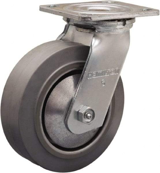 Hamilton - 6" Diam x 2" Wide x 7-1/2" OAH Top Plate Mount Swivel Caster - Rubber Mold on Aluminum, 410 Lb Capacity, Straight Roller Bearing, 4 x 4-1/2" Plate - Makers Industrial Supply