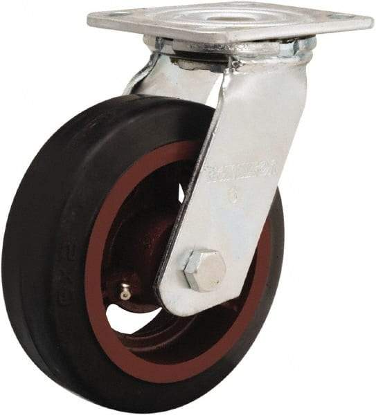 Hamilton - 6" Diam x 2" Wide x 7-1/2" OAH Top Plate Mount Swivel Caster - Rubber Mold on Cast Iron, 410 Lb Capacity, Straight Roller Bearing, 4 x 4-1/2" Plate - Makers Industrial Supply