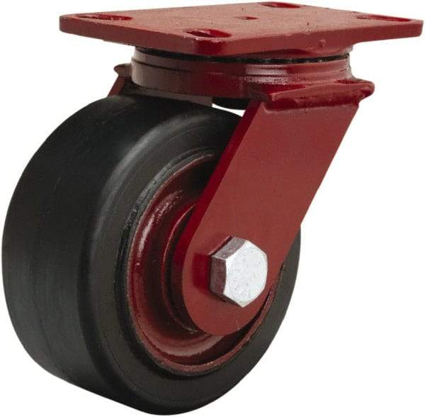 Hamilton - 6" Diam x 3" Wide x 7-1/2" OAH Top Plate Mount Swivel Caster - Rubber Mold on Cast Iron, 680 Lb Capacity, Straight Roller Bearing, 4-1/2 x 6-1/2" Plate - Makers Industrial Supply