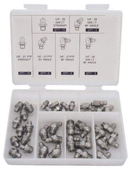 PRO-LUBE - 40 Piece, Inch, Box Plastic Stainless Steel Grease Fitting Set - Includes PTF, UNF Thread Types, Includes 1/4-28 SAE-LT: (10) Straight, (5) 45°, (5) 90°, 1/8-27 PTF: (10) Straight, (5) 45°, (5) 90° - Makers Industrial Supply