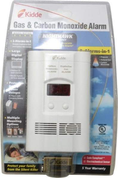 Kidde - 6.1 Inch Long x 3.8 Inch Wide, AC Plug In 120 Volt Carbon Monoxide and Explosive Gas Alarm - 85 dB Decibel Rating, 9V Battery Included, Indicating Light - Makers Industrial Supply