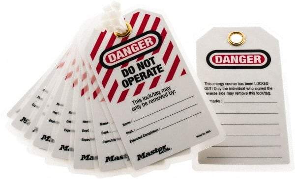 Master Lock - 3-1/8" High x 5-3/4" Long, DANGER - DO NOT OPERATE - THIS LOCK/TAG MAY ONLY BE REMOVED BY:, English Safety & Facility Lockout Tag - Tag Header: Danger, 2 Sides, Black, Red & White Laminated Polyester - Makers Industrial Supply