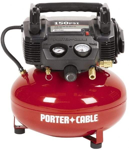 Porter-Cable - 0.8 HP, 2.6 CFM Pancake Electric Oil Free Compressor - 6 Gallon Tank, 10 Amp, 150 Max psi, 120V - Makers Industrial Supply