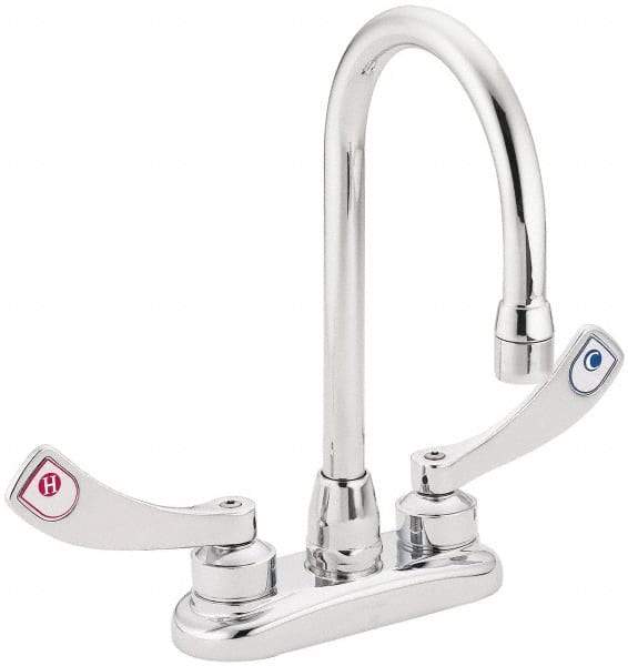 Moen - 2 Hole Mount, Spout Reach Commercial Faucet - Two Handle, Wrist Blade Handle, High Spout, No Drain - Makers Industrial Supply