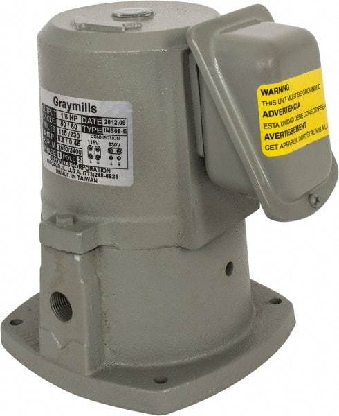 Graymills - 0.7/0.35 Amp, 115/230 Volt, 1/8 hp, 1 Phase, 3,450 RPM, Cast Iron Suction Machine Tool & Recirculating Pump - 9.5 GPM, 14 psi, 5-1/2" Long x 5-1/2" Mounting Flange Width, 6-7/8" Overall Height, Plastic Impeller, Sealed Motor - Makers Industrial Supply