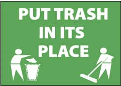 NMC - "Put Trash in Its Place", 10" Long x 14" Wide, Pressure-Sensitive Vinyl Safety Sign - Rectangle, 0.004" Thick, Use for Restroom, Janitorial & Housekeeping - Makers Industrial Supply