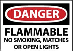 NMC - "Danger - Flammable - No Smoking, Matches or Open Lights", 10" Long x 14" Wide, Rigid Plastic Safety Sign - Rectangle, 0.05" Thick, Use for Accident Prevention - Makers Industrial Supply