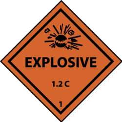 NMC - Accident Prevention Label - Legend: Explosive 1.2C, English, Black & Orange, 4" Long x 4" High, Sign Muscle Finish - Makers Industrial Supply