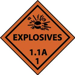 NMC - Accident Prevention Label - Legend: Explosives 1.1A, English, Black & Orange, 4" Long x 4" High, Sign Muscle Finish - Makers Industrial Supply