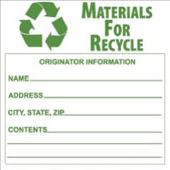 NMC - Hazardous Materials Label - Legend: Materials for Recycle - Originator Information - Name _____, Address _____, City, State, Zip _____, Contents _______, English, Green & White, 6" Long x 6" High, Sign Muscle Finish - Makers Industrial Supply