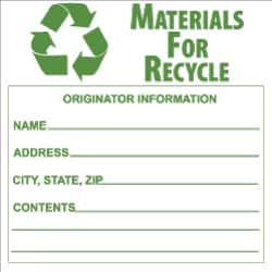 NMC - Hazardous Materials Label - Legend: Materials for Recycle - Originator Information - Name _____, Address _____, City, State, Zip _____, Contents _______, English, Green & White, 6" Long x 6" High, Sign Muscle Finish - Makers Industrial Supply