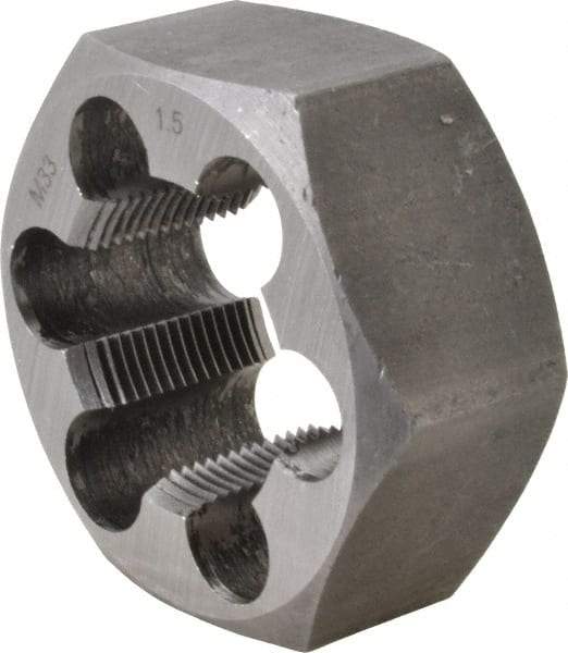 Interstate - M33x1.50 Metric Fine Thread, 2-3/16" Hex, Right Hand Thread, Hex Rethreading Die - Carbon Steel, 1" Thick - Exact Industrial Supply