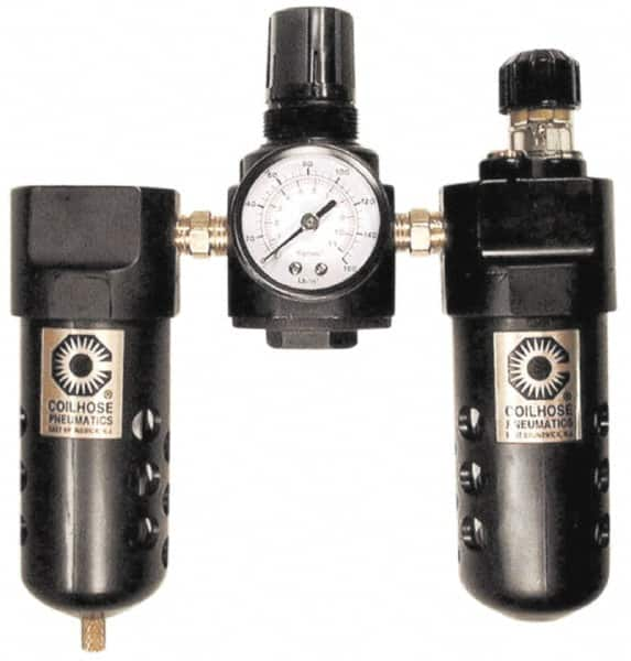 Coilhose Pneumatics - 1/4" NPT Port Compact 3 Piece Filter-Regulator-Lubricator FRL Unit - Polycarbonate Bowl, 48 SCFM, 150 Max psi, 6.5" High, Automatic Drain - Makers Industrial Supply