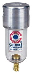 Coilhose Pneumatics - 1/8" Port, 4" High x 1-1/2" Wide, Miniature FRL Filter with Polycarbonate Bowl & Manual Drain - 25 SCFM, 150 Max psi, 120°F Max, 1.5 oz Bowl Capacity - Makers Industrial Supply