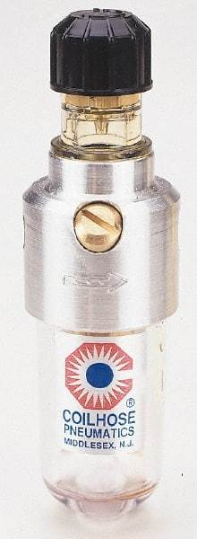 Coilhose Pneumatics - 1/8 NPT Port, 150 Max psi, Miniature Lubricator - Polycarbonate Bowl, Cast Aluminum Body, 11 CFM, 120°F Max, 1-1/2" Wide x 5" High - Makers Industrial Supply