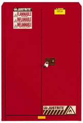 Justrite - 2 Door, 5 Shelf, Red Steel Standard Safety Cabinet for Flammable and Combustible Liquids - 65" High x 43" Wide x 18" Deep, Manual Closing Door, 3 Point Key Lock, 60 Gal Capacity - Makers Industrial Supply