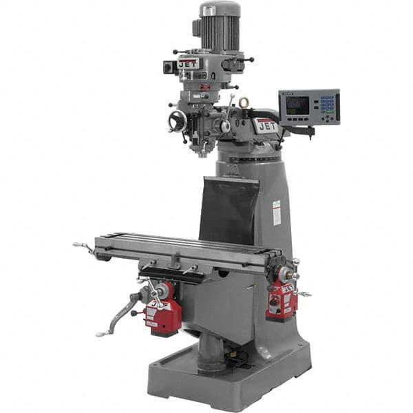 Jet - 9" Table Width x 42" Table Length, Step Pulley Control, 1 Phase Knee Milling Machine - R8 Spindle Taper, 2 hp - Makers Industrial Supply