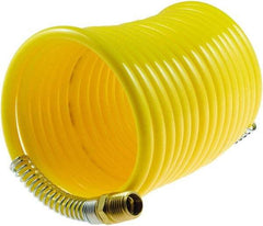 Coilhose Pneumatics - 1/4" ID, 1/4 Thread, 25' Long, Yellow Nylon Coiled & Self Storing Hose - 185 Max psi, Male Swivel x Male Swivel - Makers Industrial Supply