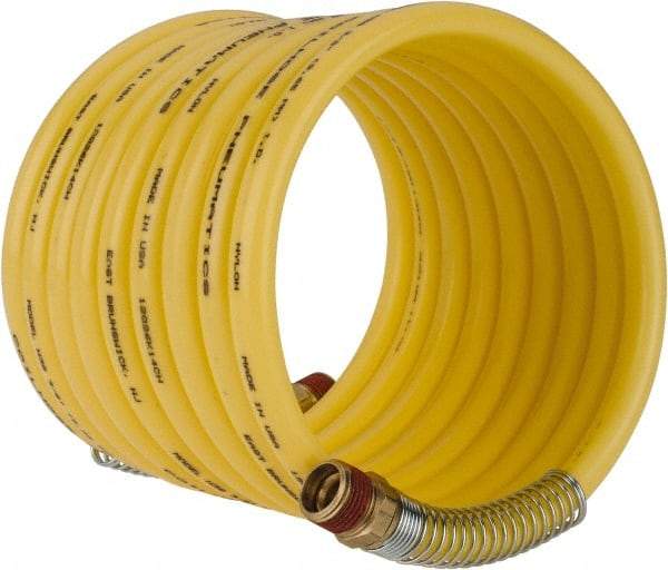 Coilhose Pneumatics - 3/8" ID, 3/8 Thread, 12' Long, Yellow Nylon Coiled & Self Storing Hose - 165 Max psi, Male Swivel x Male Swivel - Makers Industrial Supply