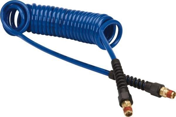 Coilhose Pneumatics - 1/4" ID, 1/4 Thread, 15' Long, Dark Blue Polyurethane Coiled & Self Storing Hose - 125 Max psi, Male Swivel x Male Swivel with Strain Relief - Makers Industrial Supply