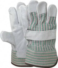 PIP - Size L (9) Split Cowhide General Protection Work Gloves - For General Purpose, Uncoated, Safety Cuff, Full Fingered, Green/Pink/Gray, Paired - Makers Industrial Supply