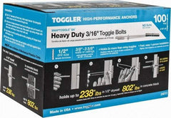 Toggler - 3/16" Screw, 6-1/4" Long, 3/8 to 3-5/8" Thick, Toggle Bolt Drywall & Hollow Wall Anchor - 3/16 - 24" Thread, 1/2" Drill, Zinc Plated, Steel, Grade 1010, Use in Drywall - Makers Industrial Supply