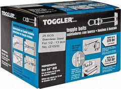 Toggler - 1/2" Screw, 6" Long, 3/8 to 2-1/2" Thick, Toggle Bolt Drywall & Hollow Wall Anchor - 1/2 - 13" Thread, 3/4" Drill, Uncoated, Stainless Steel, Grade 304, Use in Drywall - Makers Industrial Supply