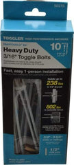 Toggler - 3/16" Screw, 6-1/4" Long, 3/8 to 3-5/8" Thick, Toggle Bolt Drywall & Hollow Wall Anchor - 3/16 - 24" Thread, 1/2" Drill, Zinc Plated, Steel, Grade 1010, Use in Drywall - Makers Industrial Supply