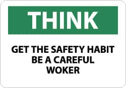 NMC - "Think - Get the Safety Habit - Be a Careful Worker", 10" Long x 14" Wide, Pressure-Sensitive Vinyl Safety Sign - Rectangle, 0.004" Thick, Use for Accident Prevention - Makers Industrial Supply