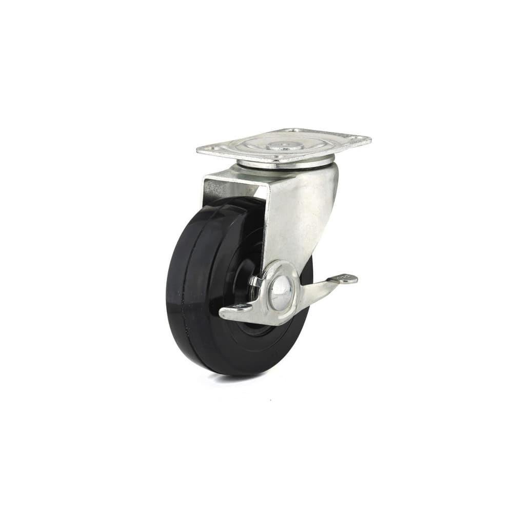 Swivel Top Plate Caster: Rubber, 4″ Wheel Dia, 1-1/4″ Wheel Width, 247 lb Capacity, 5″ OAH 2.5″ Plate Length, 3.69″ Plate Width, Side Pedal Brake