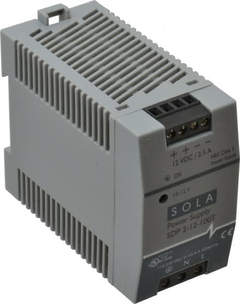 Sola/Hevi-Duty - 100 Watt, 3 to 2.5 Amp, 264 VAC, 375 VDC Input, 10 to 12 VDC Output, DIN Rail Power Supply - Screw Terminal Connection, 1 Output, 1.77 Inch Wide x 3.58 Inch Deep x 2.95 Inch High, Up to 80% Efficiency, 14 to 140°F, Green LED Display - Makers Industrial Supply