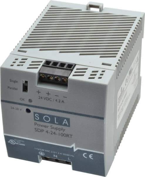 Sola/Hevi-Duty - 100 Watt, 4.20 Amp, 132 VAC, 264 VAC, 375 VDC Input, 24 to 28 VDC Output, DIN Rail Power Supply - Screw Terminal Connection, 1 Output, 2.85 Inch Wide x 3.8 Inch Deep x 2.95 Inch High, Up to 88% Efficiency, 14 to 140°F, Green LED Display - Makers Industrial Supply