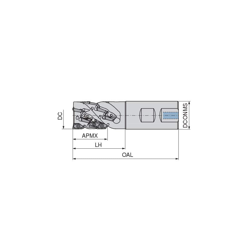 Indexable Square-Shoulder End Mill:  C211125R02K411B200EF,  1.2500'' Cut Dia,  1.4300'' Max Depth of Cut,  1.2500'' Shank Dia,  Weldon Flat Shank Uses  8,  Normal Pressure,