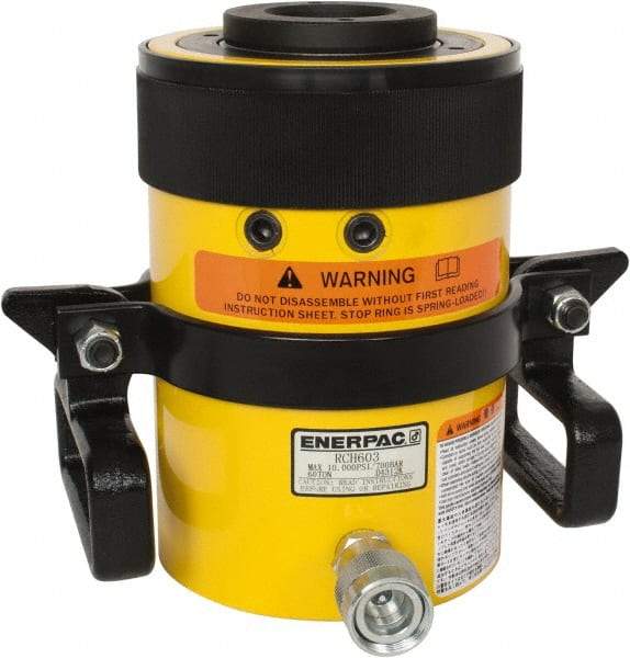 Enerpac - 60 Ton, 3" Stroke, 38.2 Cu In Oil Capacity, Portable Hydraulic Hollow Hole Cylinder - 12.73 Sq In Effective Area, 9.75" Lowered Ht., 12.75" Max Ht., 4.88" Cyl Bore Diam, 3.63" Plunger Rod Diam, 10,000 Max psi - Makers Industrial Supply