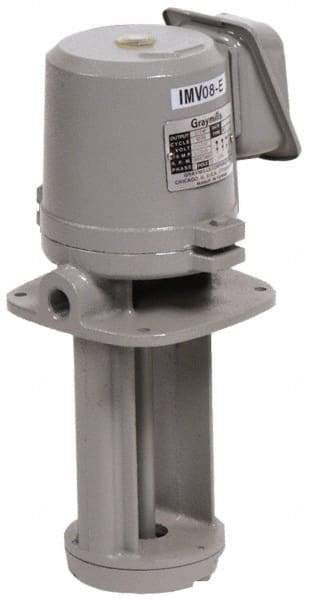 Graymills - 230/460 Volt, 3/4 hp, 3 Phase, 3,450 RPM, Cast Iron Immersion Machine Tool & Recirculating Pump - 45 GPM, 52 psi, 7-1/2" Long x 7-1/2" Mounting Flange Width, 21-1/16" Overall Height, Metric Thread, Aluminum Impeller - Makers Industrial Supply