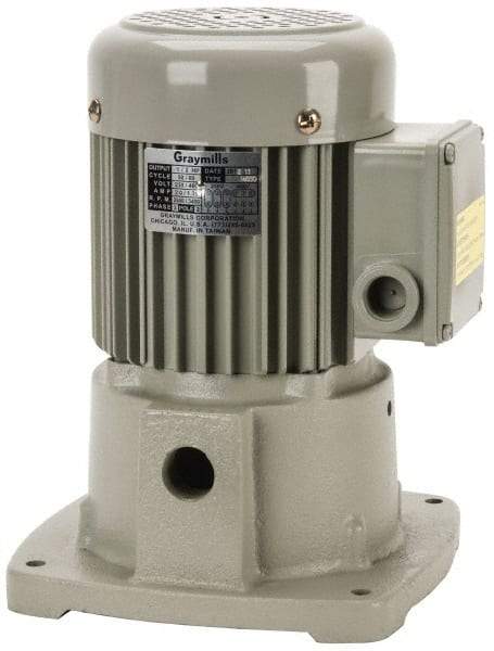 Graymills - 230/460 Volt, 1/2 hp, 3 Phase, 3,450 RPM, Cast Iron Suction Machine Tool & Recirculating Pump - 32 GPM, 3/4" Inlet, 42 psi, 8-1/2" Long x 7-3/8" Mounting Flange Width, 11-1/32" Overall Height, Metric Thread, Aluminum Impeller - Makers Industrial Supply