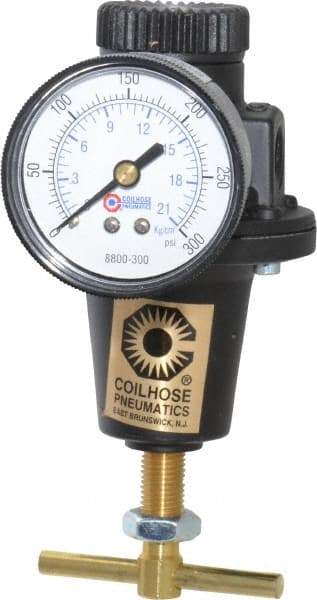 Coilhose Pneumatics - 1/4 NPT Port, 40 CFM, Cast Aluminum Heavy-Duty T-Handle Regulator - 0 to 200 psi Range, 250 Max psi Supply Pressure, 1/4" Gauge Port Thread, 3" Wide x 5-1/2" High - Makers Industrial Supply