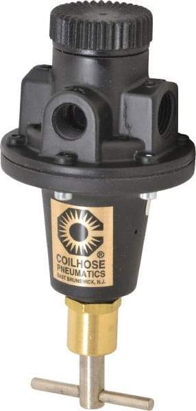 Coilhose Pneumatics - 3/8 NPT Port, 40 CFM, Cast Aluminum Tamper Proof Heavy-Duty T-Handle Regulator - 0 to 200 psi Range, 250 Max psi Supply Pressure, 1/4" Gauge Port Thread, 3" Wide x 5-1/2" High - Makers Industrial Supply