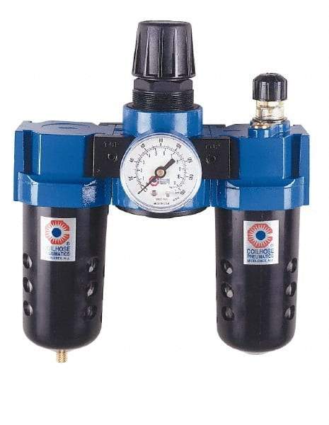 Coilhose Pneumatics - 1/2" NPT Port Standard 3 Piece Filter-Regulator-Lubricator FRL Unit - Polycarbonate Bowl, 127 SCFM, 150 Max psi, 10.5" High, Manual Drain - Makers Industrial Supply