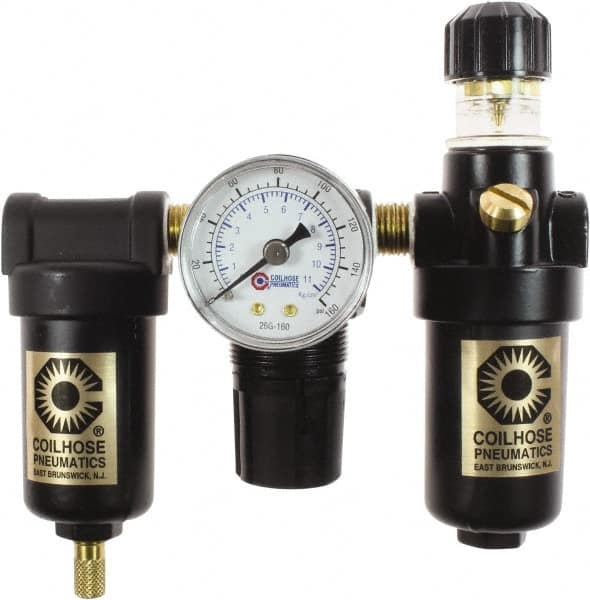 Coilhose Pneumatics - 1/8" NPT Port Miniature 3 Piece Filter-Regulator-Lubricator FRL Unit - Metal Bowl, 25 SCFM, 250 Max psi, 6.125" High, Manual Drain - Makers Industrial Supply