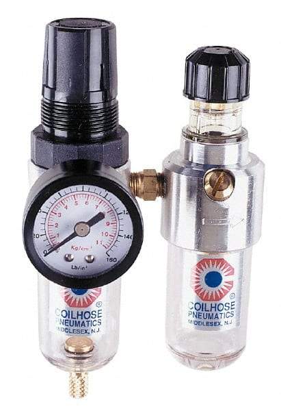 Coilhose Pneumatics - 1/4" NPT Port Miniature 2 Piece Filter/Regulator-Lubricator FRL Unit - Polycarbonate Bowl, 25 SCFM, 150 Max psi, 6" High, Manual Drain - Makers Industrial Supply