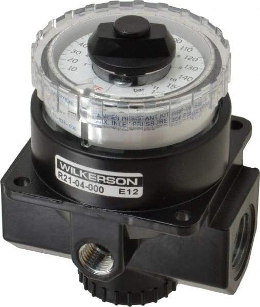 Wilkerson - 1/2 NPT Port, 195 CFM, Zinc Dial Air Regulator - 5 to 160 psi Range, 300 Max psi Supply Pressure, 1/4" Gauge Port Thread, 3.2" Wide x 4.19" High - Makers Industrial Supply