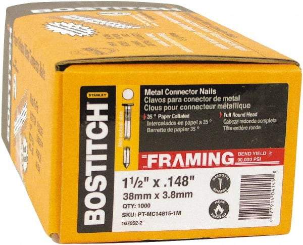 Stanley Bostitch - 10 Gauge 0.148" Shank Diam 1-1/2" Long Metal Connecting Nails for Power Nailers - Steel, Bright Finish, Smooth Shank, Angled Stick Paper Tape Collation, Round Head, Diamond Point - Makers Industrial Supply