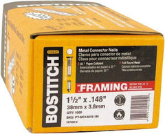 Stanley Bostitch - 10 Gauge 0.148" Shank Diam 1-1/2" Long Metal Connecting Nails for Power Nailers - Steel, Galvanized Finish, Smooth Shank, Angled Stick Paper Tape Collation, Round Head, Diamond Point - Makers Industrial Supply