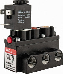 ARO/Ingersoll-Rand - 1/4" Inlet x 1/4" Outlet, Solenoid Actuator, Spring Return, 2 Position, Body Ported Solenoid Air Valve - 120 VAC Input, 54 CFM, 1.5 CV, 4 Way, 150 psi, 2-15/16" Long x 1-15/16" Wide x 1-15/16" High, 0 to 180°F - Makers Industrial Supply