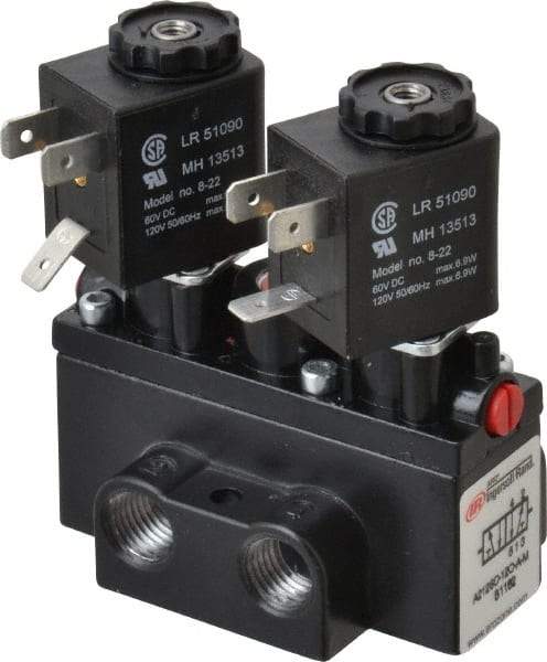 ARO/Ingersoll-Rand - 1/4" Inlet x 1/4" Outlet, Solenoid Actuator, Solenoid Return, 2 Position, Body Ported Solenoid Air Valve - 120 VAC Input, 54 CFM, 1.5 CV, 4 Way, 150 psi, 3-31/32" Long x 1-15/16" Wide x 3-1/4" High, 0 to 180°F - Makers Industrial Supply