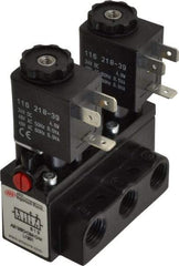 ARO/Ingersoll-Rand - 1/4" Inlet x 1/4" Outlet, Solenoid Actuator, Solenoid Return, 2 Position, Body Ported Solenoid Air Valve - 24 VDC Input, 54 CFM, 1.5 CV, 4 Way, 150 psi, 3-31/32" Long x 1-15/16" Wide x 3-1/4" High, 0 to 180°F - Makers Industrial Supply