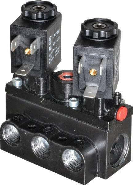 ARO/Ingersoll-Rand - 1/4" Inlet x 1/4" Outlet, Solenoid Actuator, Solenoid Return, 3 Position, Body Ported Solenoid Air Valve - 24 VDC Input, 32 CFM, 0.9 CV, 4 Way, 150 psi, 2-15/16" Long x 1-15/16" Wide x 1-13/16" High, 0 to 180°F - Makers Industrial Supply